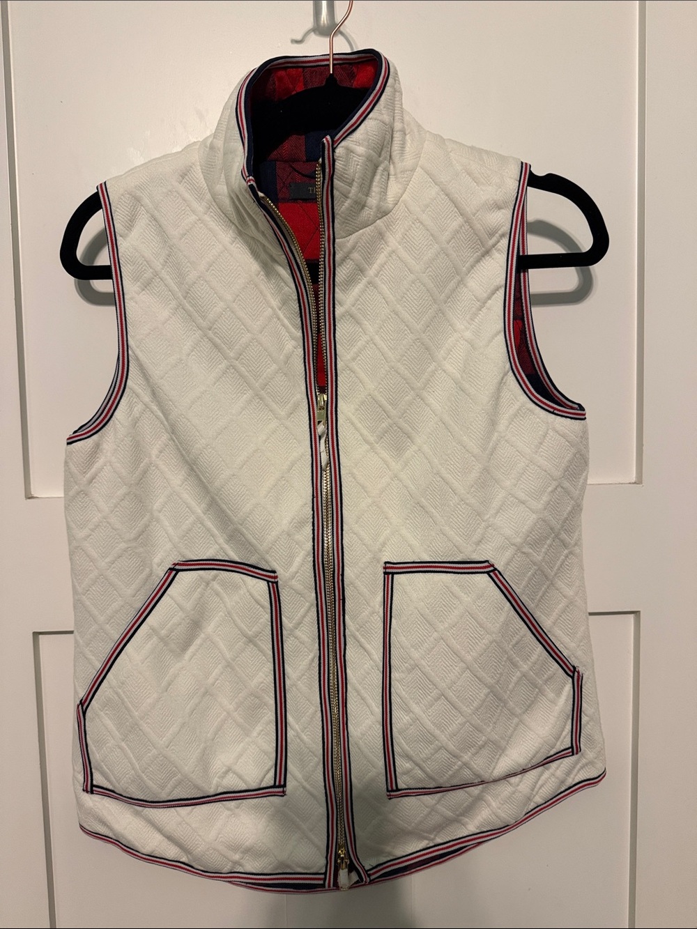 THML Classic Quilted White American Sleeveless Vest with Red and Blue Trim